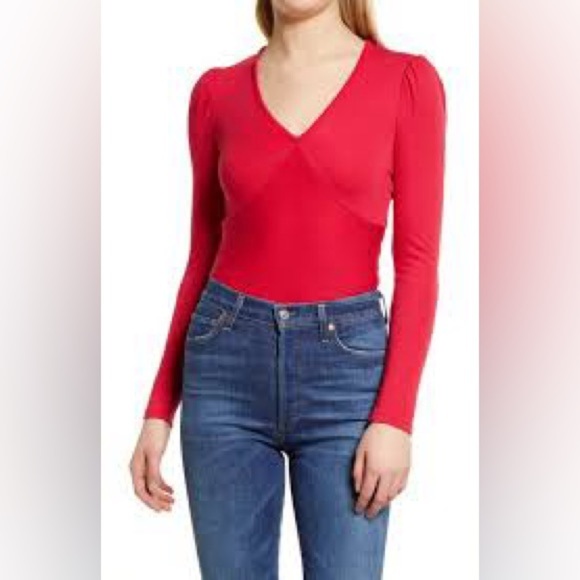 Marine Layer Shirt Womens medium Red V Neck Lexi Puff Shoulder Ladies Top - Picture 1 of 5